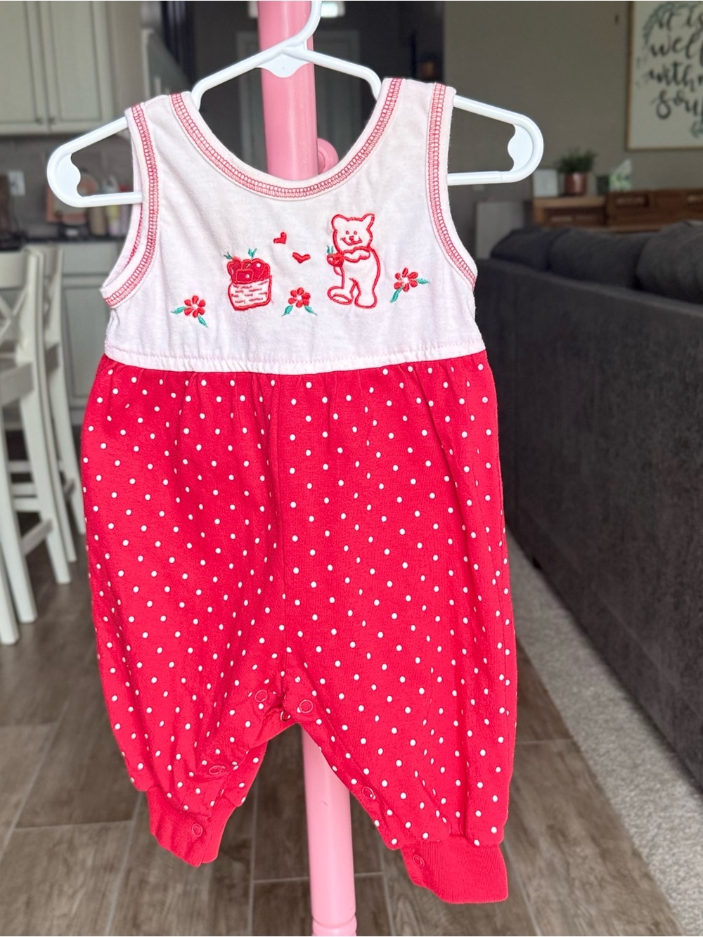 Vintage Red and White Polka Dot Baby Romper with Bear Apple Embroidery